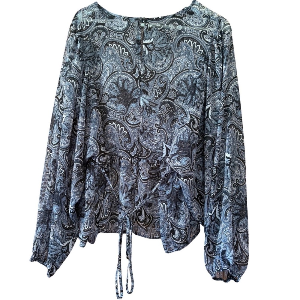 Primark Womens Cropped‎ Sheer Paisley Blouse 14 Cinched Waist Boho Festival Chic - Picture 2 of 9
